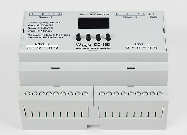 VJLight DD-16D - DMX декодер 16 каналов с двойной&nbsp;гальванической развязкой на DIN рейку.