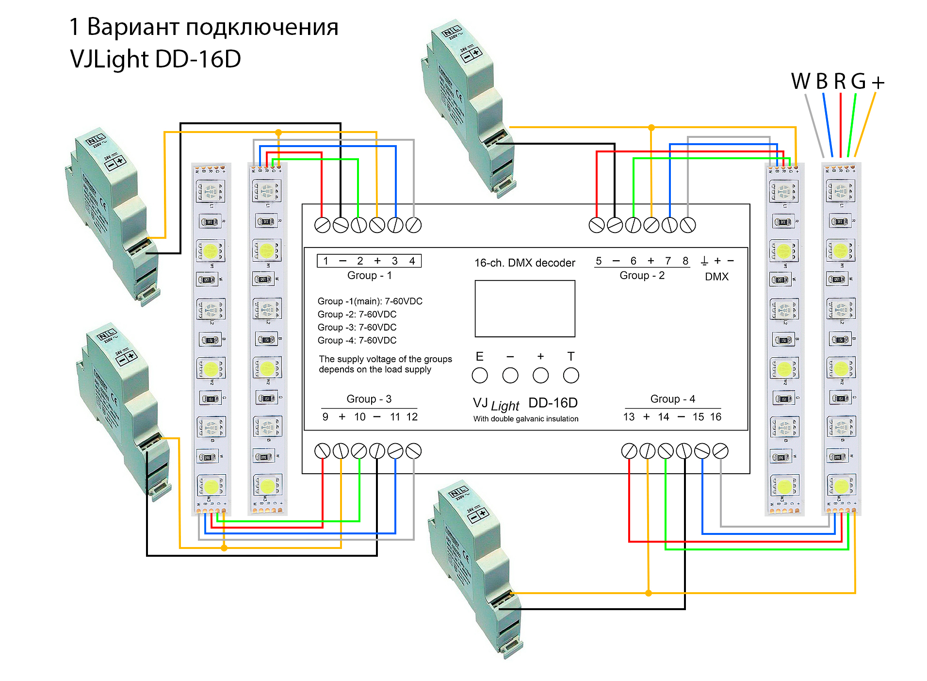 VJLight DD-16D - DMX декодер 16 каналов с двойной&nbsp;гальванической развязкой на DIN рейку. Схема подключения вариант 1