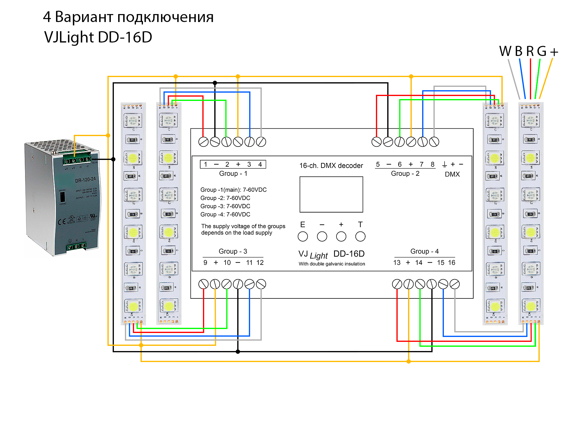 VJLight DD-16D - DMX декодер 16 каналов с двойной&nbsp;гальванической развязкой на DIN рейку. Схема подключения вариант 4