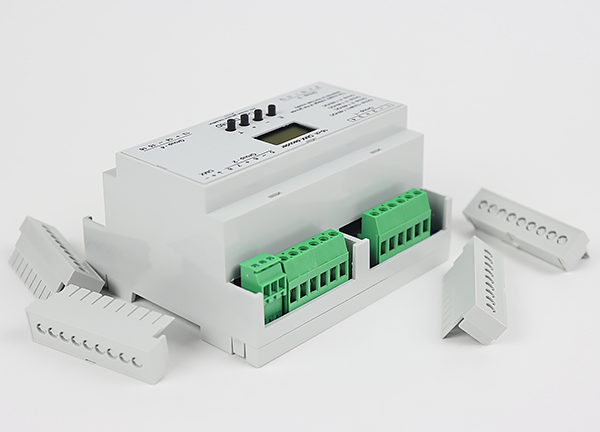 VJLight DD-16D - DMX декодер 16 каналов с двойной&nbsp;гальванической развязкой на DIN рейку. OLED экран, функция диммера или реле, принудительная вентиляция