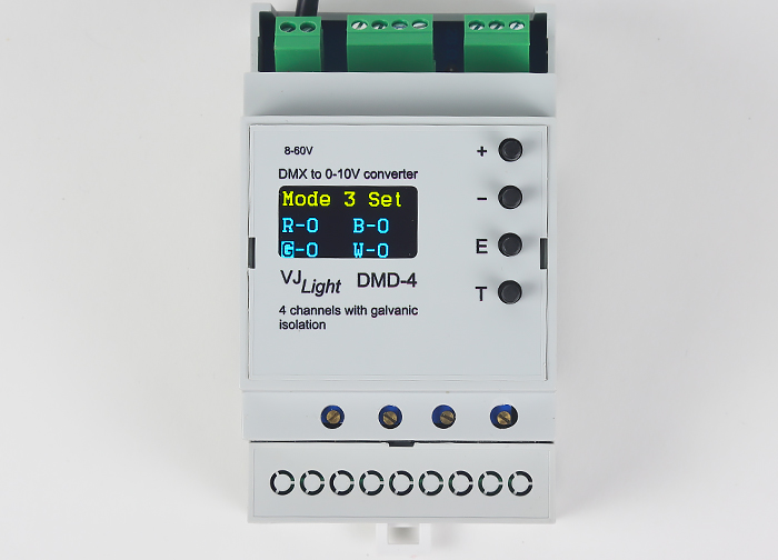 VJLight DMD-4 - Конвертер DMX в 0-10V&nbsp; на DIN рейку 4 канала с двойной&nbsp;гальванической развязкой. OLED экран, активное охлаждение, винтовые клеммники