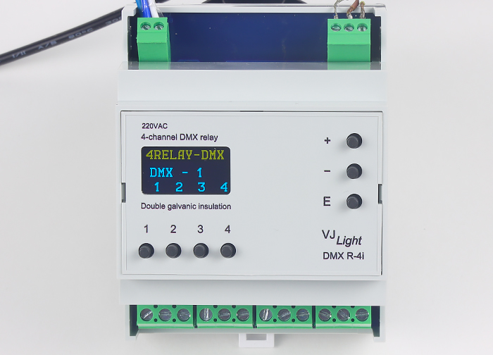 VJLight DMX R-4i - DMX реле на DIN рейку 4 канала по 16A/250VAC с двойной гальванической развязкой.