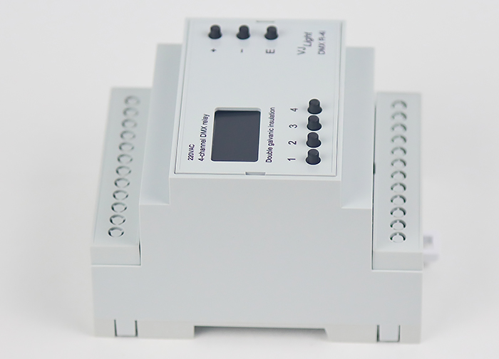 VJLight DMX R-4i - DMX реле на DIN рейку 4 канала по 16A/250VAC с двойной гальванической развязкой.