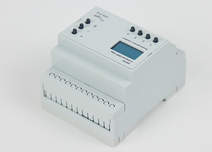 VJLight DMX R-4i - DMX реле на DIN рейку 4 канала по 16A/250VAC с двойной гальванической развязкой.