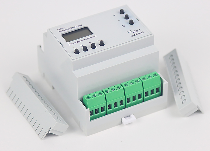 VJLight DMX R-4i - DMX реле на DIN рейку 4 канала по 16A/250VAC с двойной гальванической развязкой.