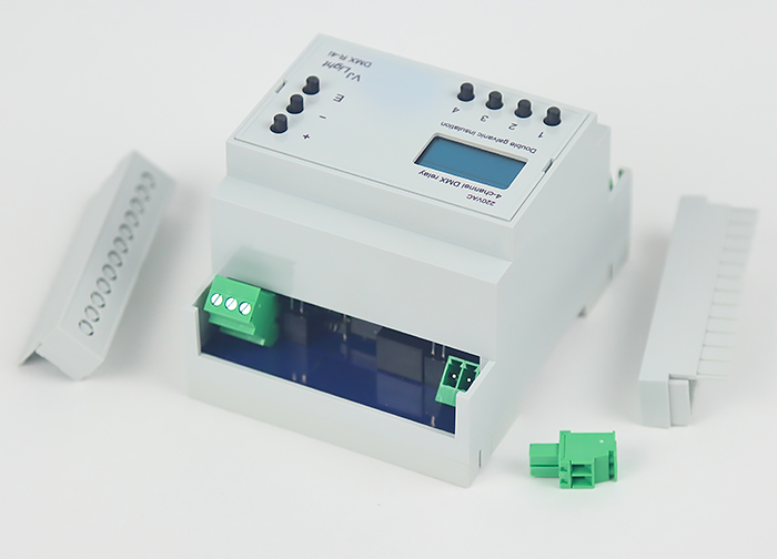 VJLight DMX R-4i - DMX реле на DIN рейку 4 канала по 16A/250VAC с двойной гальванической развязкой.