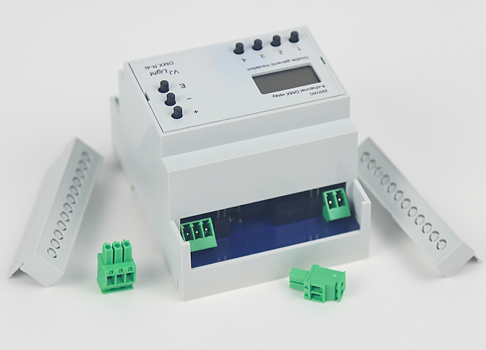 VJLight DMX R-4i - DMX реле на DIN рейку 4 канала по 16A/250VAC с двойной гальванической развязкой.