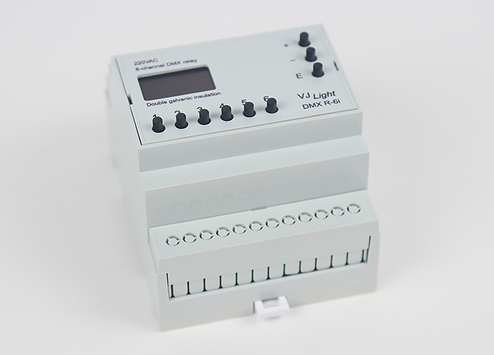 VJLight DMX R-6i - DMX реле на DIN рейку 6 каналов по 16A/250VAC с двойной&nbsp;гальванической развязкой.