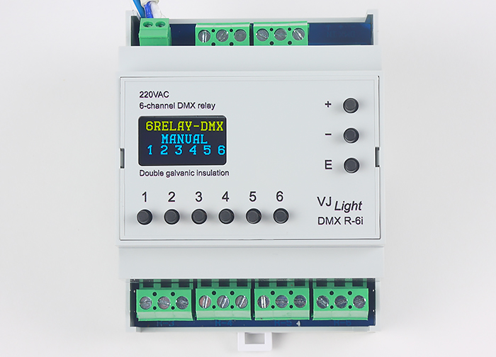 VJLight DMX R-6i - DMX реле на DIN рейку 6 каналов по 16A/250VAC с двойной&nbsp;гальванической развязкой.
