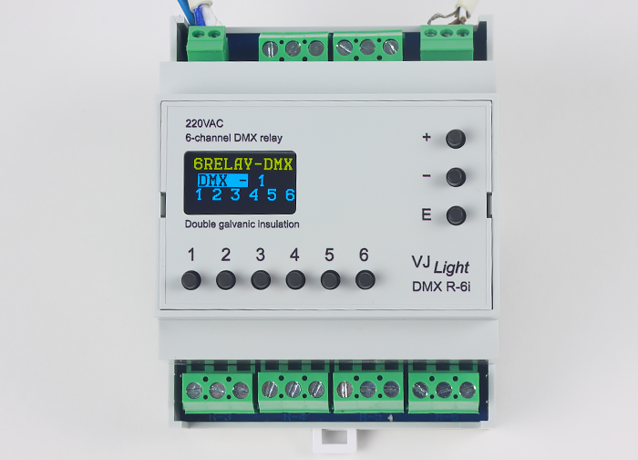VJLight DMX R-6i - DMX реле на DIN рейку 6 каналов по 16A/250VAC с двойной&nbsp;гальванической развязкой.