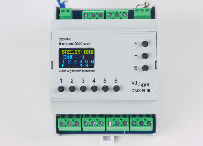VJLight DMX R-6i - DMX реле на DIN рейку 6 каналов по 16A/250VAC с двойной&nbsp;гальванической развязкой.