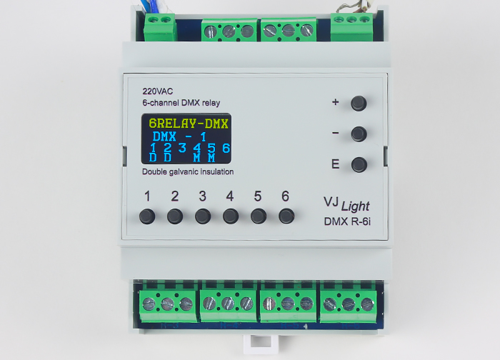VJLight DMX R-6i - DMX реле на DIN рейку 6 каналов по 16A/250VAC с двойной&nbsp;гальванической развязкой.