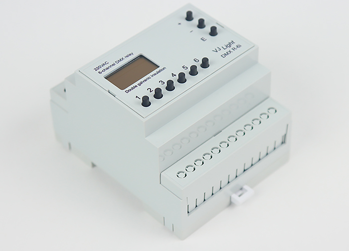 VJLight DMX R-6i - DMX реле на DIN рейку 6 каналов по 16A/250VAC с двойной&nbsp;гальванической развязкой.
