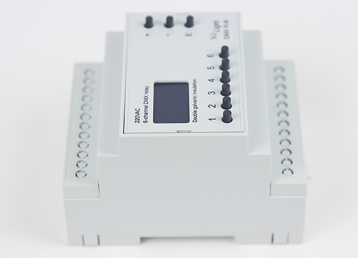 VJLight DMX R-6i - DMX реле на DIN рейку 6 каналов по 16A/250VAC с двойной&nbsp;гальванической развязкой.