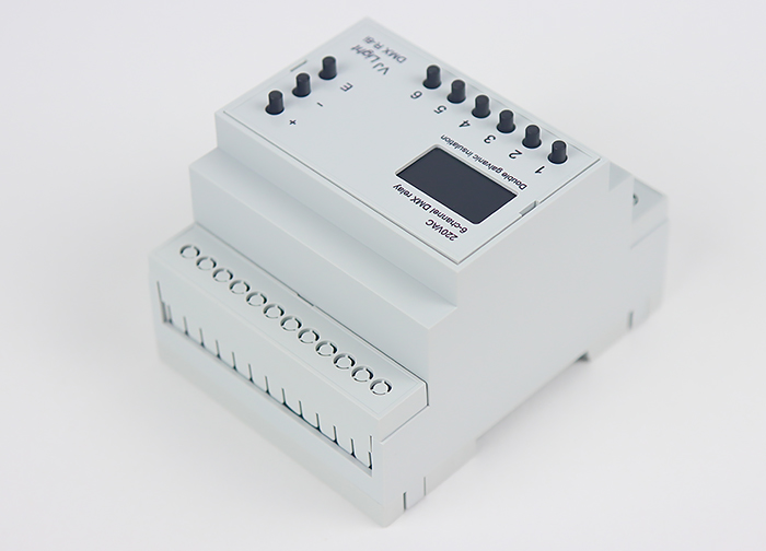 VJLight DMX R-6i - DMX реле на DIN рейку 6 каналов по 16A/250VAC с двойной&nbsp;гальванической развязкой.