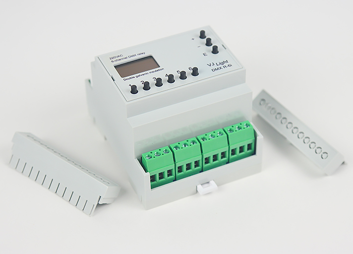 VJLight DMX R-6i - DMX реле на DIN рейку 6 каналов по 16A/250VAC с двойной&nbsp;гальванической развязкой.