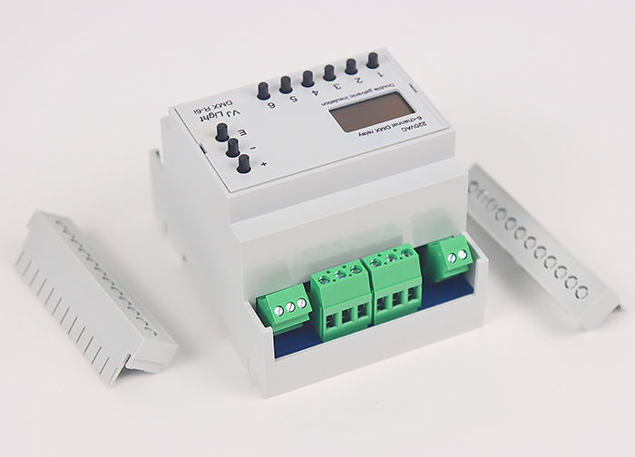 VJLight DMX R-6i - DMX реле на DIN рейку 6 каналов по 16A/250VAC с двойной&nbsp;гальванической развязкой.