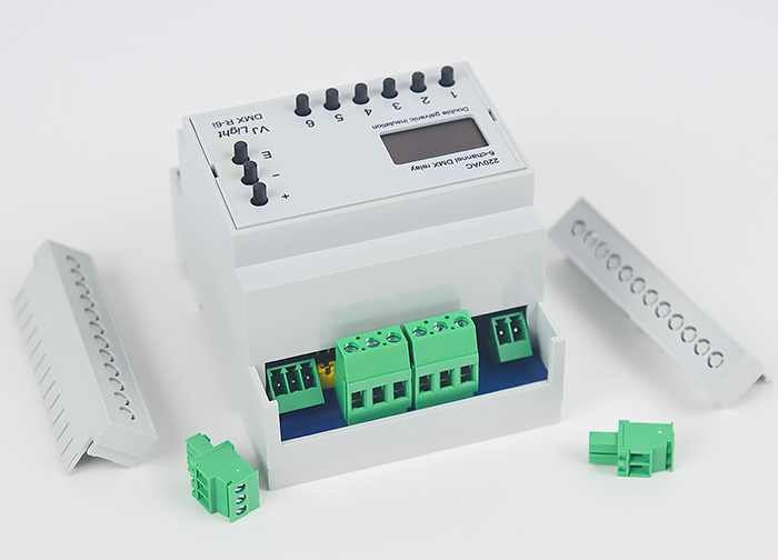 VJLight DMX R-6i - DMX реле на DIN рейку 6 каналов по 16A/250VAC с двойной&nbsp;гальванической развязкой.