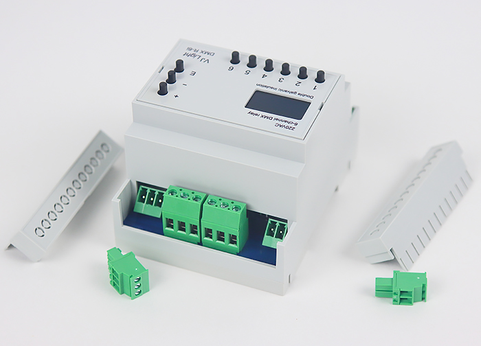 VJLight DMX R-6i - DMX реле на DIN рейку 6 каналов по 16A/250VAC с двойной&nbsp;гальванической развязкой.