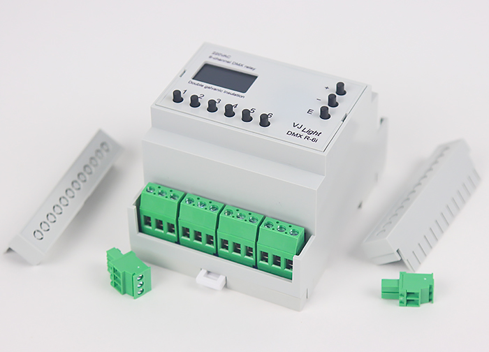 VJLight DMX R-6i - DMX реле на DIN рейку 6 каналов по 16A/250VAC с двойной&nbsp;гальванической развязкой.