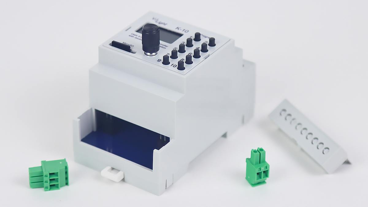 VJLght K-10 - DMX-512 контроллер с двойной гальванической развязкой на DIN рейку и простым программированием сцен и программ в текстовом файле.