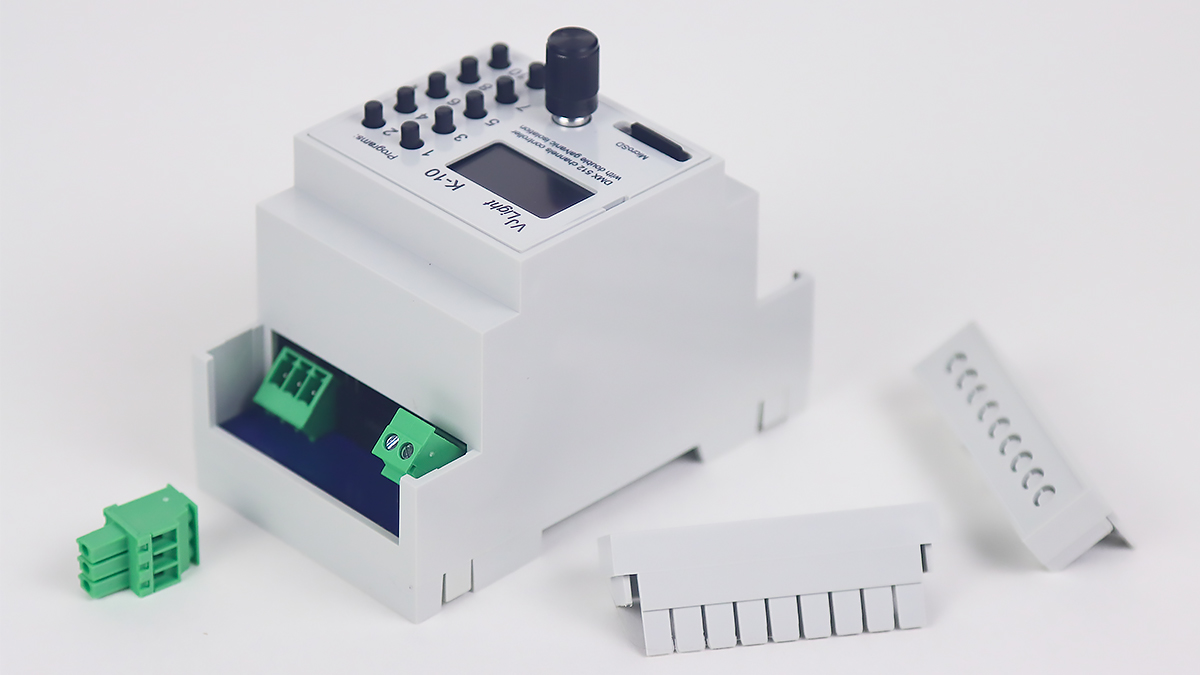 VJLght K-10 - DMX-512 контроллер с двойной гальванической развязкой на DIN рейку и простым программированием сцен и программ в текстовом файле.