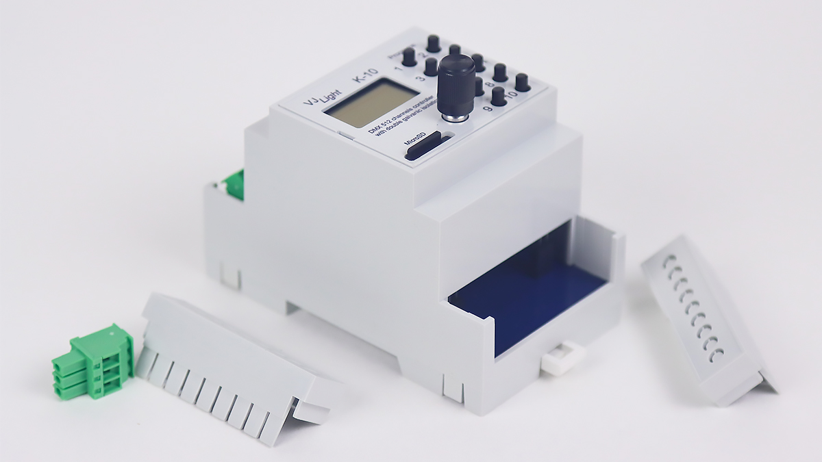 VJLght K-10 - DMX-512 контроллер с двойной гальванической развязкой на DIN рейку и простым программированием сцен и программ в текстовом файле.