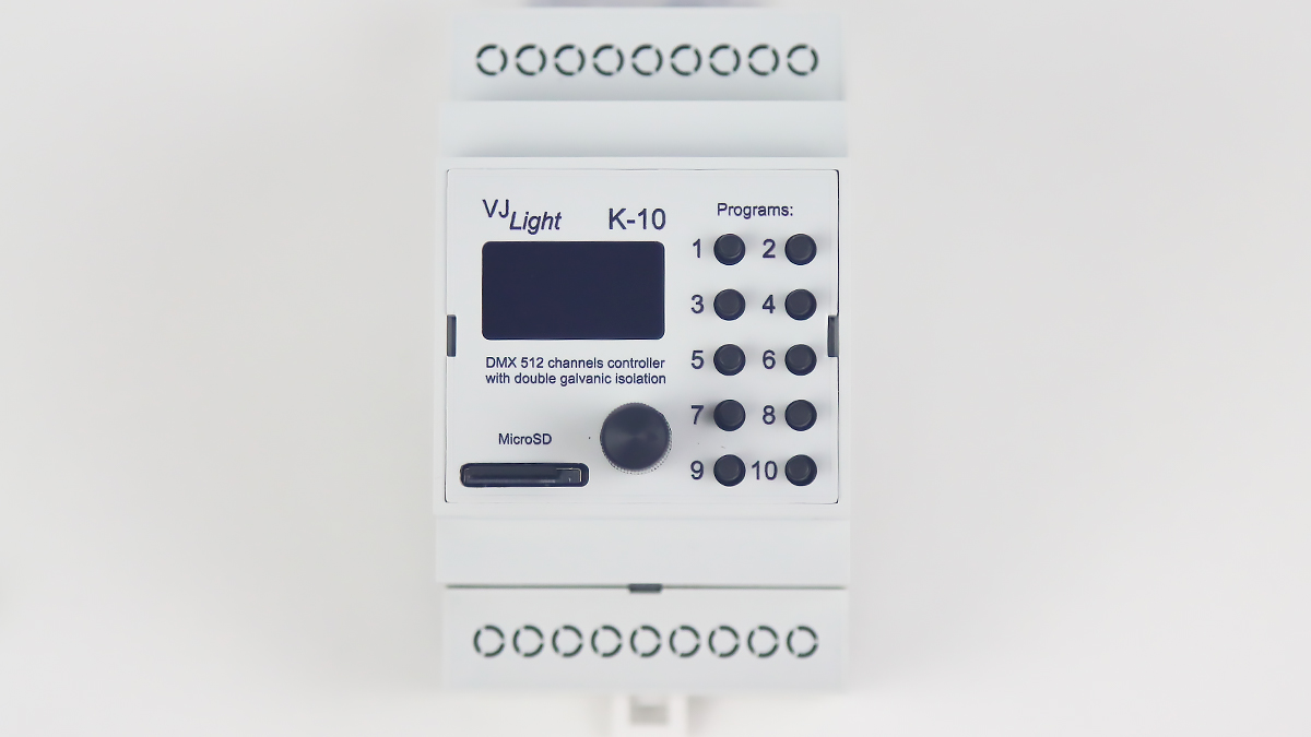 VJLght K-10 - DMX-512 контроллер с двойной гальванической развязкой на DIN рейку и простым программированием сцен и программ в текстовом файле.