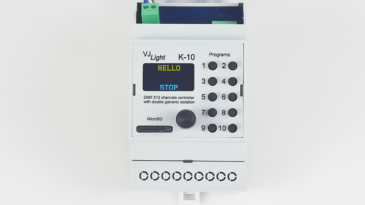 VJLght K-10 - DMX-512 контроллер с двойной гальванической развязкой на DIN рейку и простым программированием сцен и программ в текстовом файле.