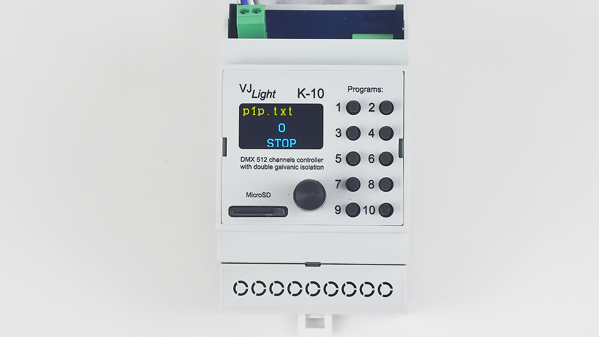 VJLght K-10 - DMX-512 контроллер с двойной гальванической развязкой на DIN рейку и простым программированием сцен и программ в текстовом файле.