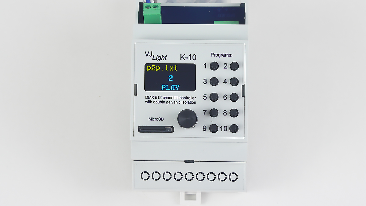 VJLght K-10 - DMX-512 контроллер с двойной гальванической развязкой на DIN рейку и простым программированием сцен и программ в текстовом файле.