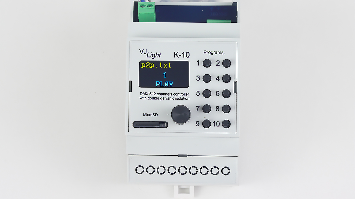 VJLght K-10 - DMX-512 контроллер с двойной гальванической развязкой на DIN рейку и простым программированием сцен и программ в текстовом файле.