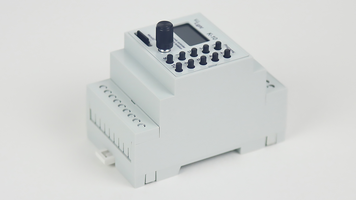 VJLght K-10 - DMX-512 контроллер с двойной гальванической развязкой на DIN рейку и простым программированием сцен и программ в текстовом файле.