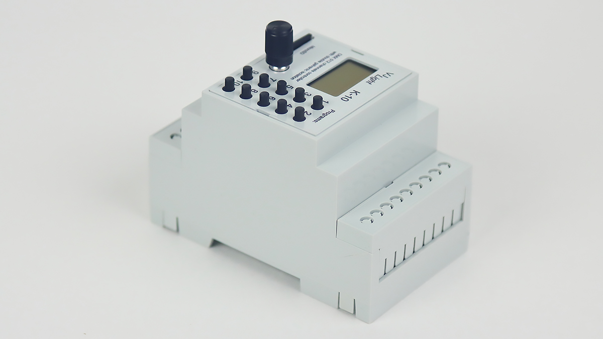 VJLght K-10 - DMX-512 контроллер с двойной гальванической развязкой на DIN рейку и простым программированием сцен и программ в текстовом файле.