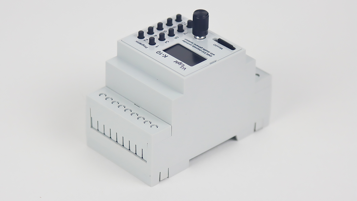 VJLght K-10 - DMX-512 контроллер с двойной гальванической развязкой на DIN рейку и простым программированием сцен и программ в текстовом файле.