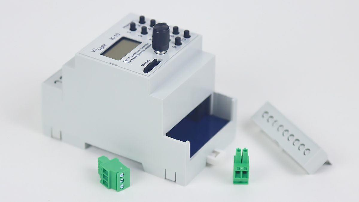 VJLght K-10 - DMX-512 контроллер с двойной гальванической развязкой на DIN рейку и простым программированием сцен и программ в текстовом файле.