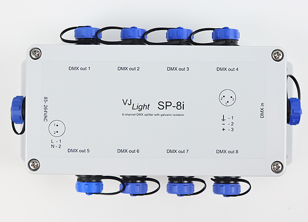 VJLight-SP-8i - IP68 (IP67) DMX сплиттер-усилитель 8 выходов с двойной гальванической развязкой и индикаторами