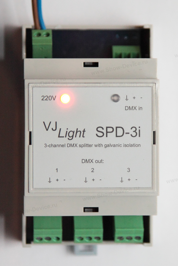 VJLight SPD-3i - DMX сплиттер-усилитель на DIN рейку 3 выхода с двойной гальванической развязкой и индикаторами