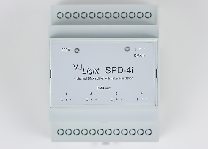VJLight SPD-4i - DMX сплиттер-усилитель на DIN рейку 4 выхода с двойной гальванической развязкой и индикаторами