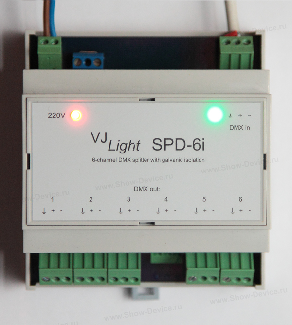 VJLight SPD-6i - DMX сплиттер-усилитель на DIN рейку 6 выходов с двойной гальванической развязкой и индикаторами