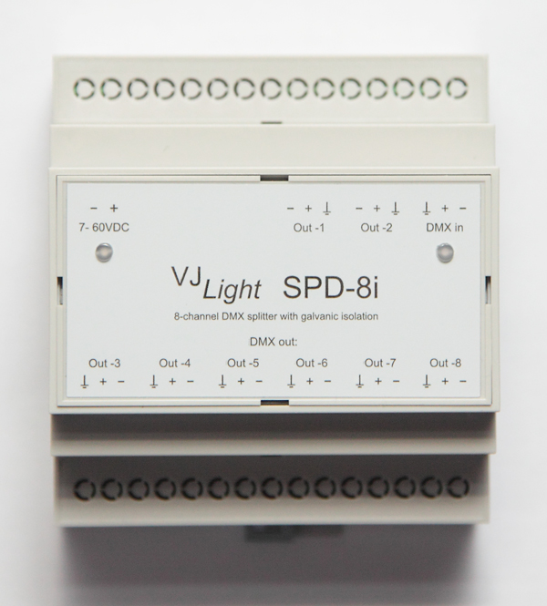 VJLight SPD-8i - DMX сплиттер-усилитель на DIN рейку 8 выходов с двойной гальванической развязкой и индикаторами