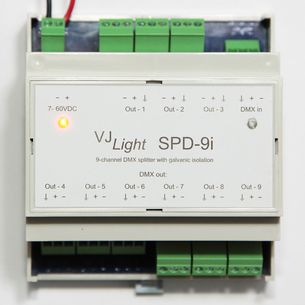 VJLight SPD-9i - DMX сплиттер-усилитель на DIN рейку 9 выходов с двойной гальванической развязкой и индикаторами